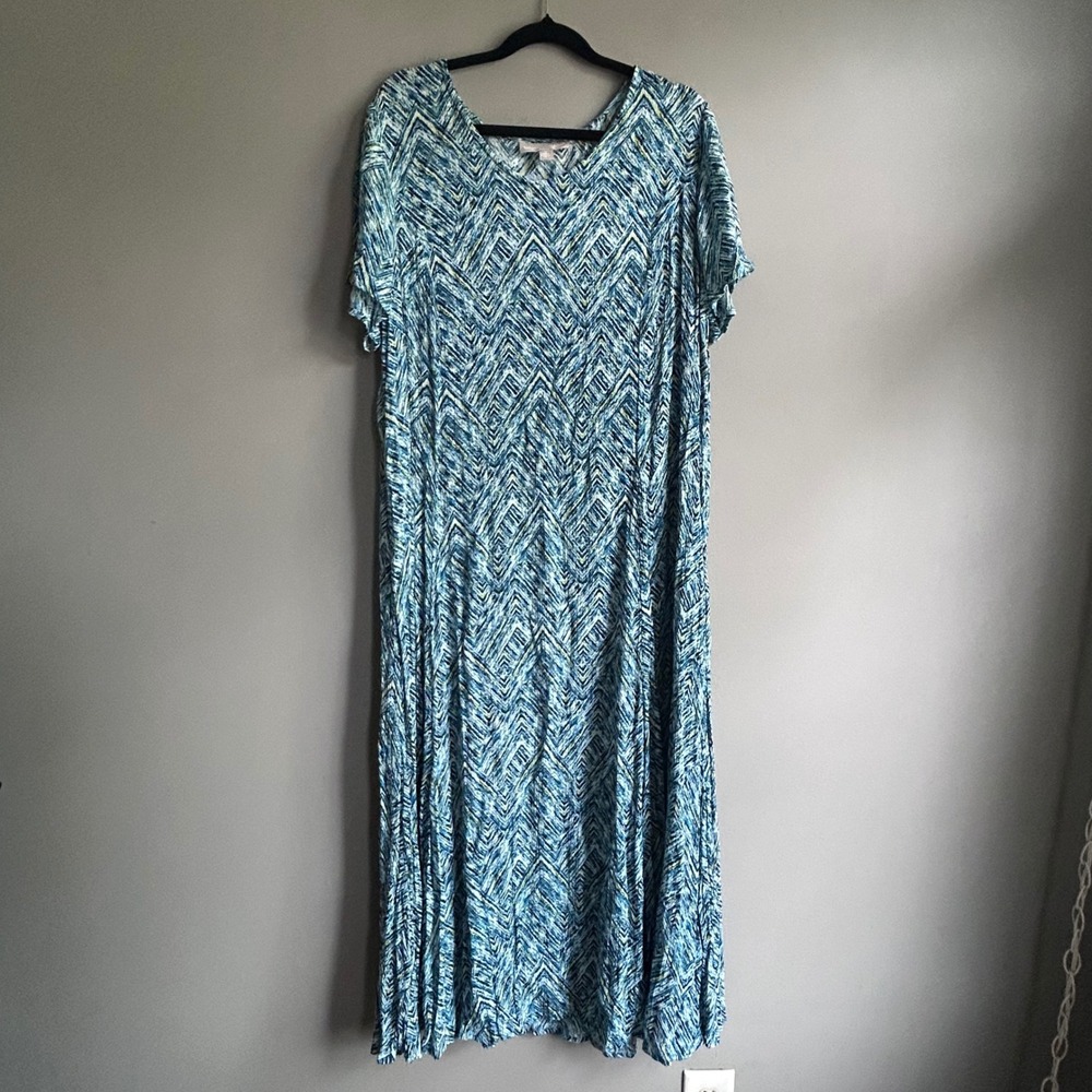 Woman Within Blue Green Chevron Maxi Dress 14/16 Med P Rayon V-Neck Short Sleeve